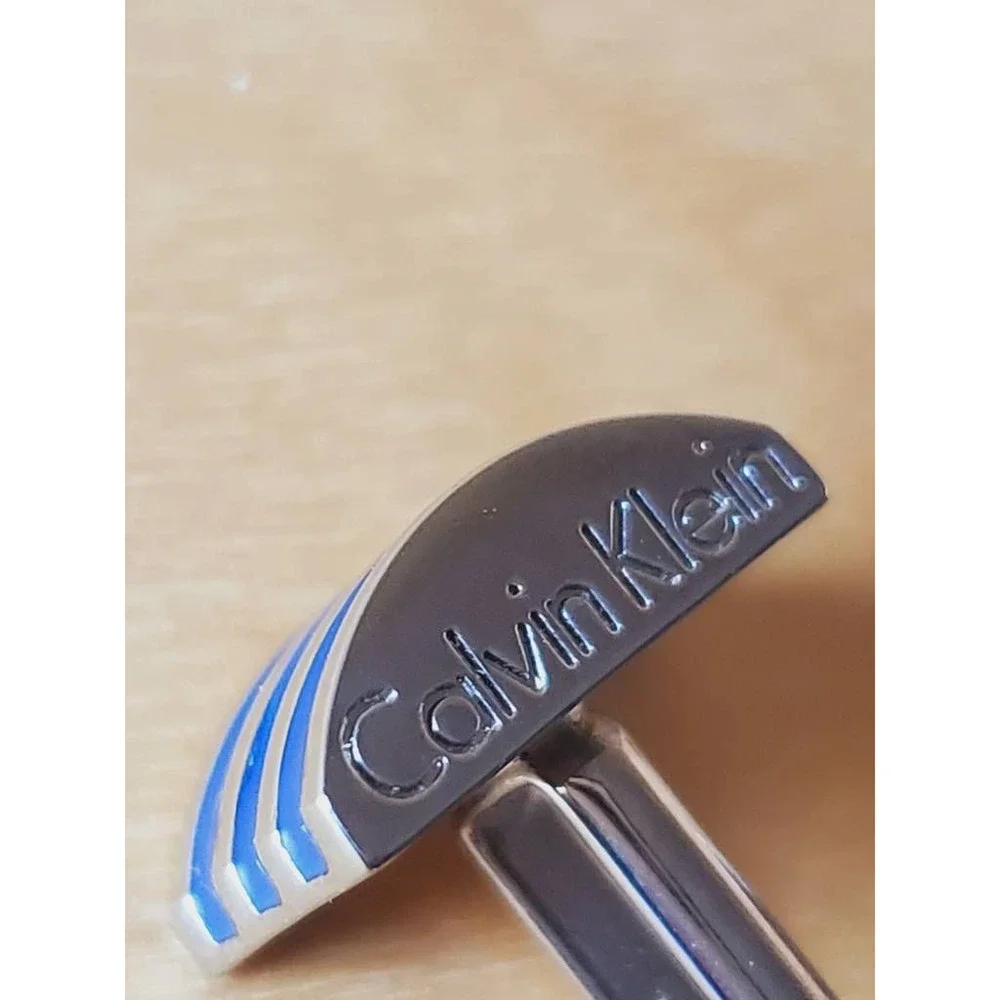 Calvin Klein Mens Silver Tone Cufflinks Blue Stripes Half Moon Shape Bullet Back
